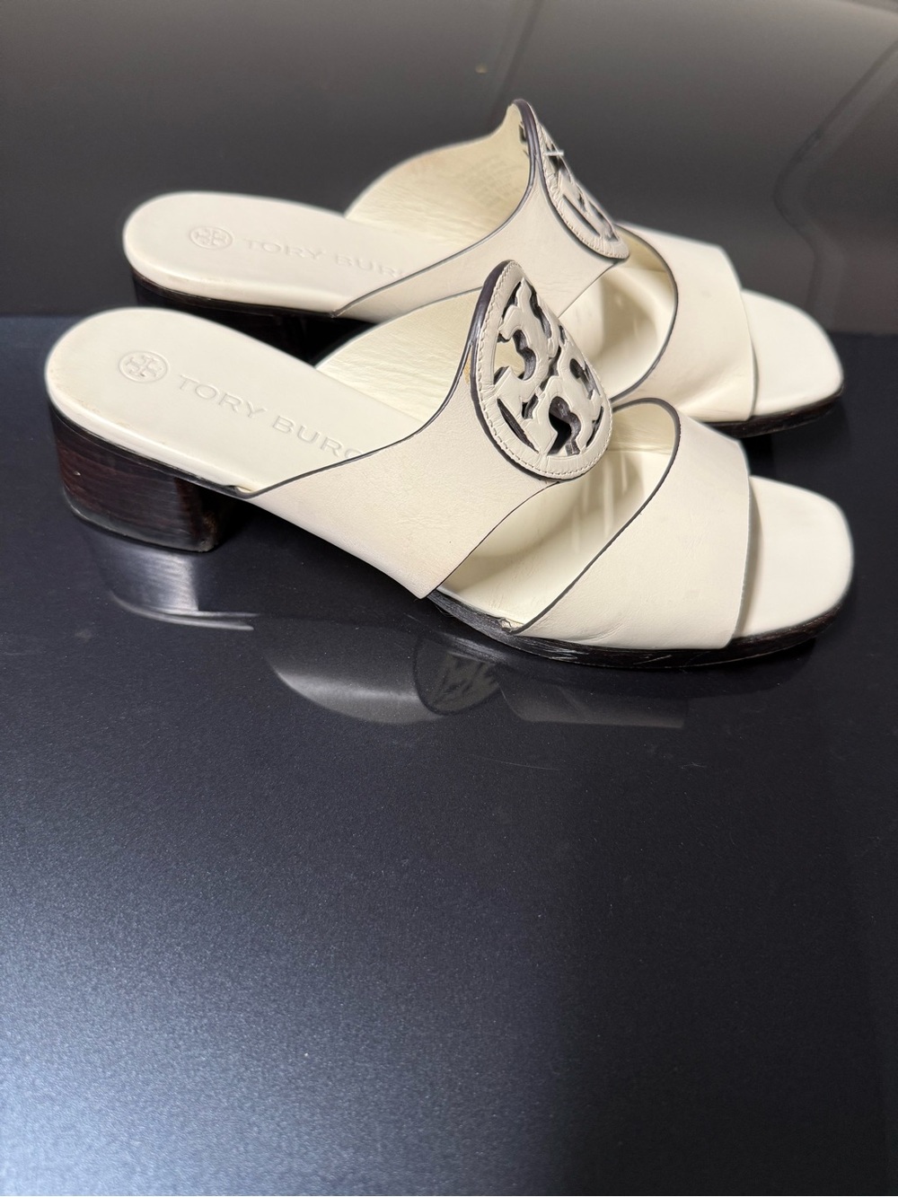 Tory Burch Cream Leather Double-Band Slide Mules with Logo Medallion - Picture 3 of 3